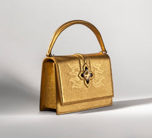 Load image into Gallery viewer, Small Metallic Gold Flame Purse&lt;br&gt;w/16k Gold &amp; Diamond Center Crown
