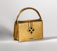 Load image into Gallery viewer, Small Metallic Gold Flame Purse&lt;br&gt;w/16k Gold &amp; Diamond Center Crown
