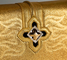 Load image into Gallery viewer, Small Metallic Gold Flame Purse&lt;br&gt;w/16k Gold &amp; Diamond Center Crown
