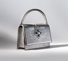 Load image into Gallery viewer, Small Metallic Platinum Flame Purse&lt;br&gt;w/Black Diamonds &amp;  Center Crown
