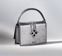 Load image into Gallery viewer, Small Metallic Platinum Flame Purse&lt;br&gt;w/Black Diamonds &amp;  Center Crown
