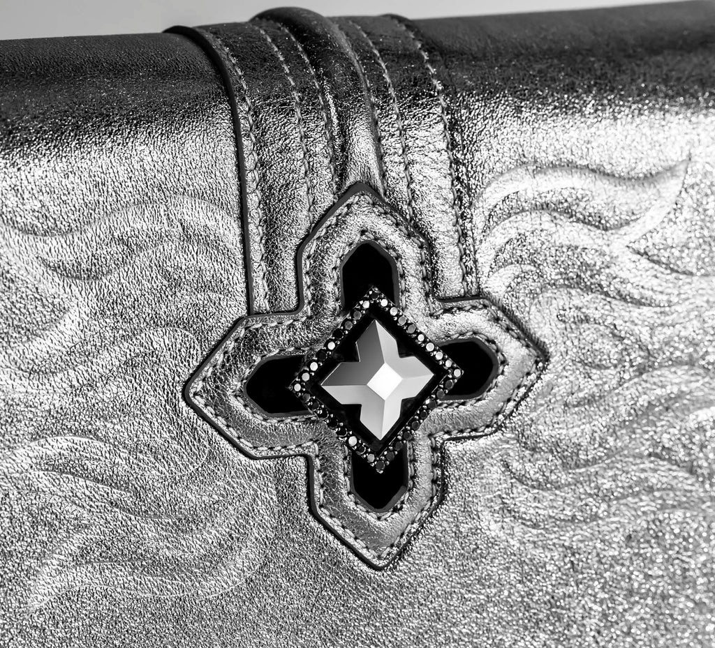 Small Metallic Platinum Flame Purse<br>w/Black Diamonds & STQ Crown