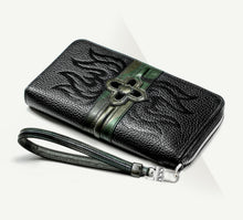 Load image into Gallery viewer, Flame Stamped Black Wallet&lt;br&gt;w/Camo Leather Accent
