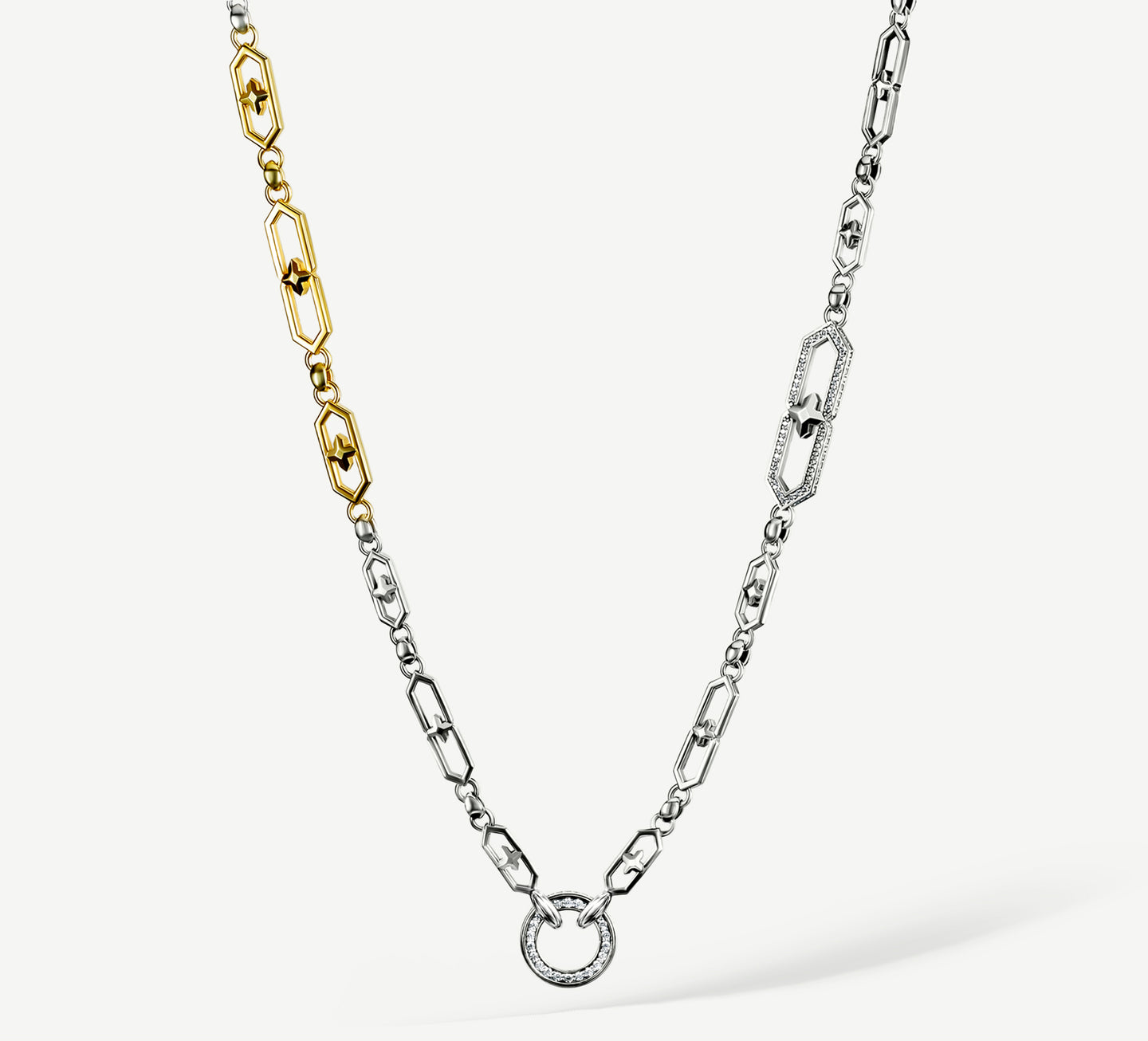 Mixed 18K Gold & Sterling Silver Crystal Link Necklace w/Diamond Accents